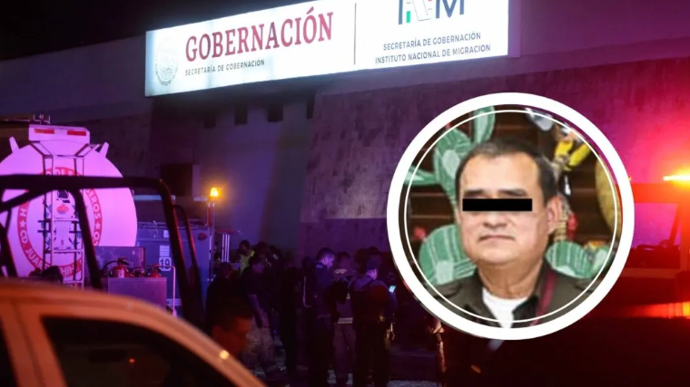 Composite image shows headshot of Salvador G.G., the former head of the Chihuahua office of Mexico’s National Migration Institute (INM) over a photo of the INM station in Ciudad Juárez the night of a deadly fire in March 2023. 