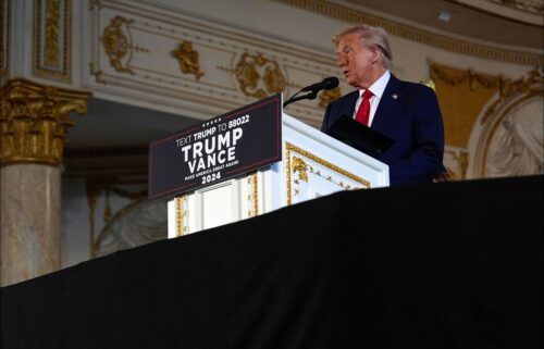 Republican presidential nominee former President Donald Trump speaks at his Mar-a-Lago estate