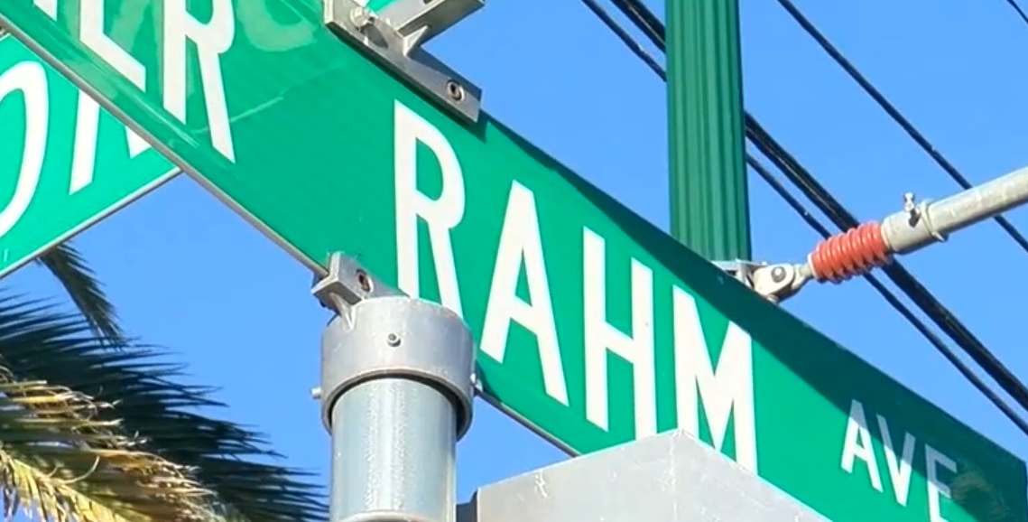 A street sign for Father Rahm Avenue