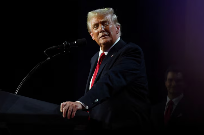 Donald Trump takes the stage following early results from the 2024 presidential election in Palm Beach County Convention Center, in West Palm Beach, Florida, November 6, 2024.