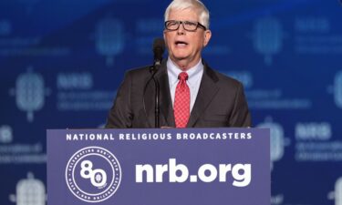 Hugh Hewitt speaks before former President Donald Trump at the National Religious Broadcasters convention on Feb. 22