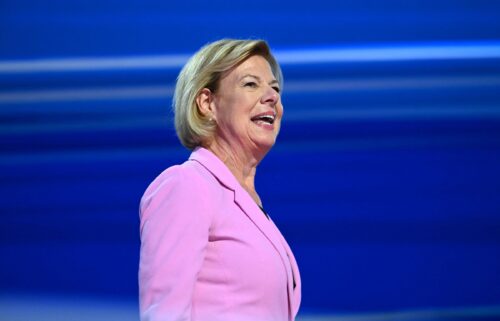 Wisconsin Sen. Tammy Baldwin arrives to speak at the Democratic National Convention in Chicago on August 22