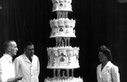 The nine-foot tall cake was made by McVitie and Price Ltd.