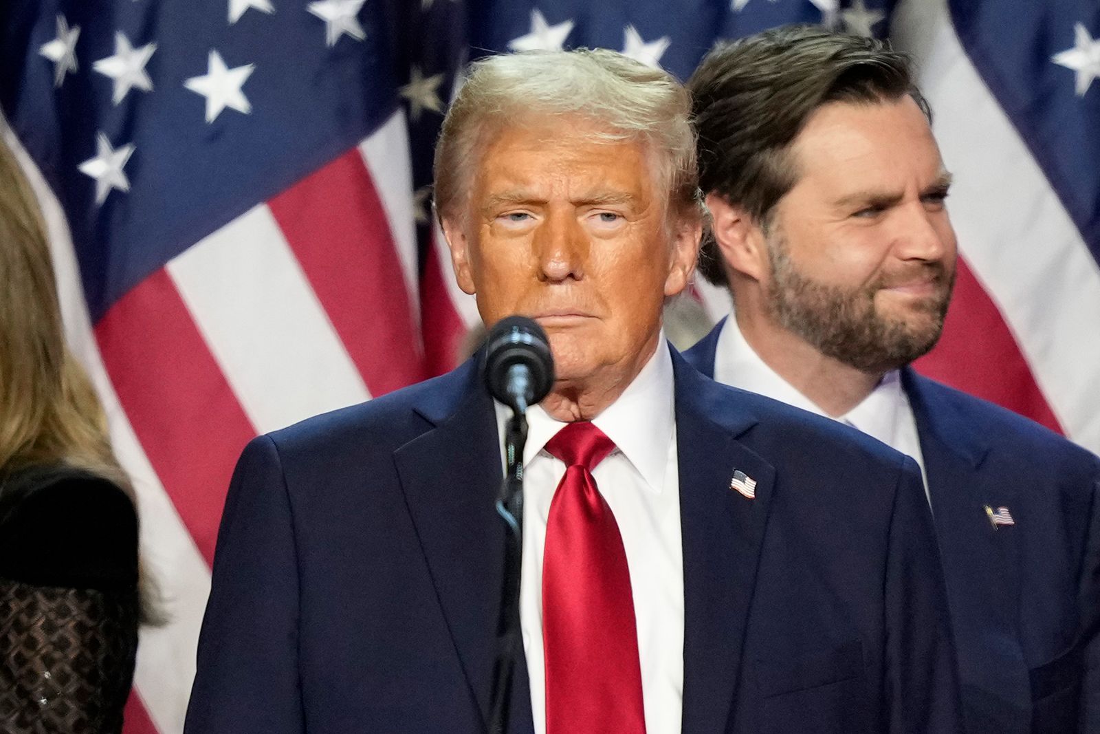 Republican presidential nominee former President Donald Trump arrives to speak at an election night watch party on November 6 in West Palm Beach, Florida.