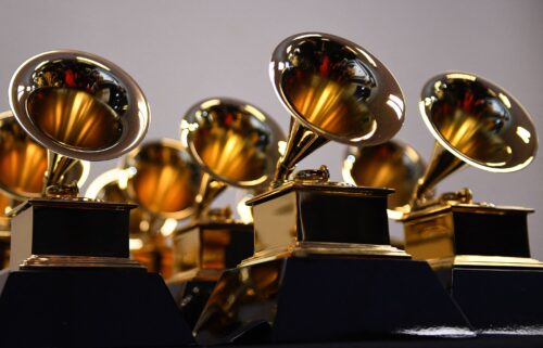 Grammy Award trophies are seen in the press room during the 64th Annual Grammy Awards at the MGM Grand Garden Arena in Las Vegas on April 3