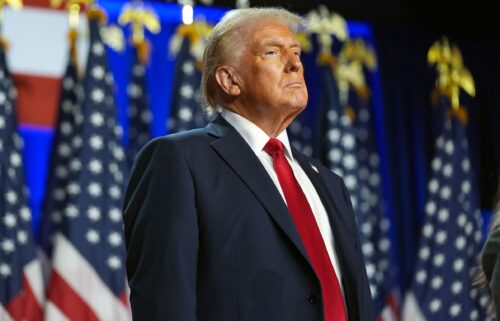 Republican presidential nominee former President Donald Trump arrives at an election night watch party at the Palm Beach Convention Center in West Palm Beach