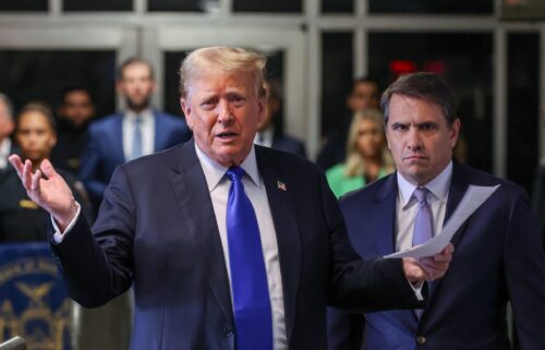 Donald Trump speaks alongside his attorney Todd Blanche as he arrives for his hush money trial at Manhattan Criminal Court on May 30 in New York City.