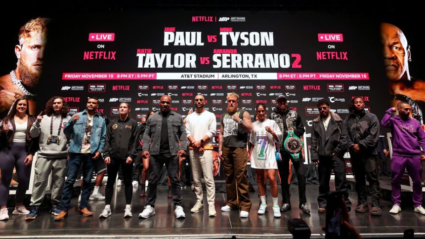 Paul (left) and Tyson fight at AT&T Stadium in Arlington