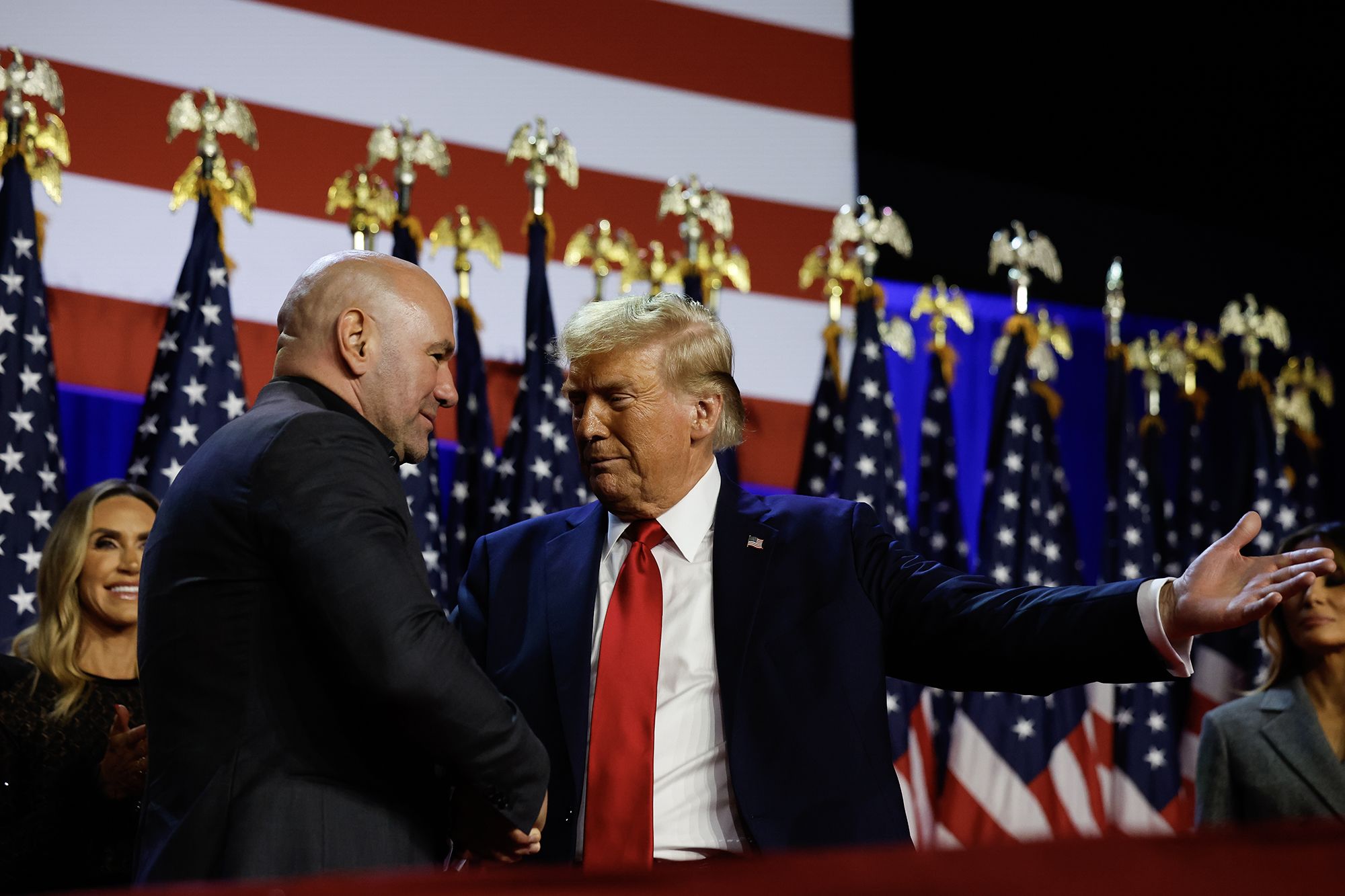 <i>Chip Somodevilla/Getty Images via CNN Newsource</i><br/>UFC chief Dana White greets Donald Trump during an election night event on November 06