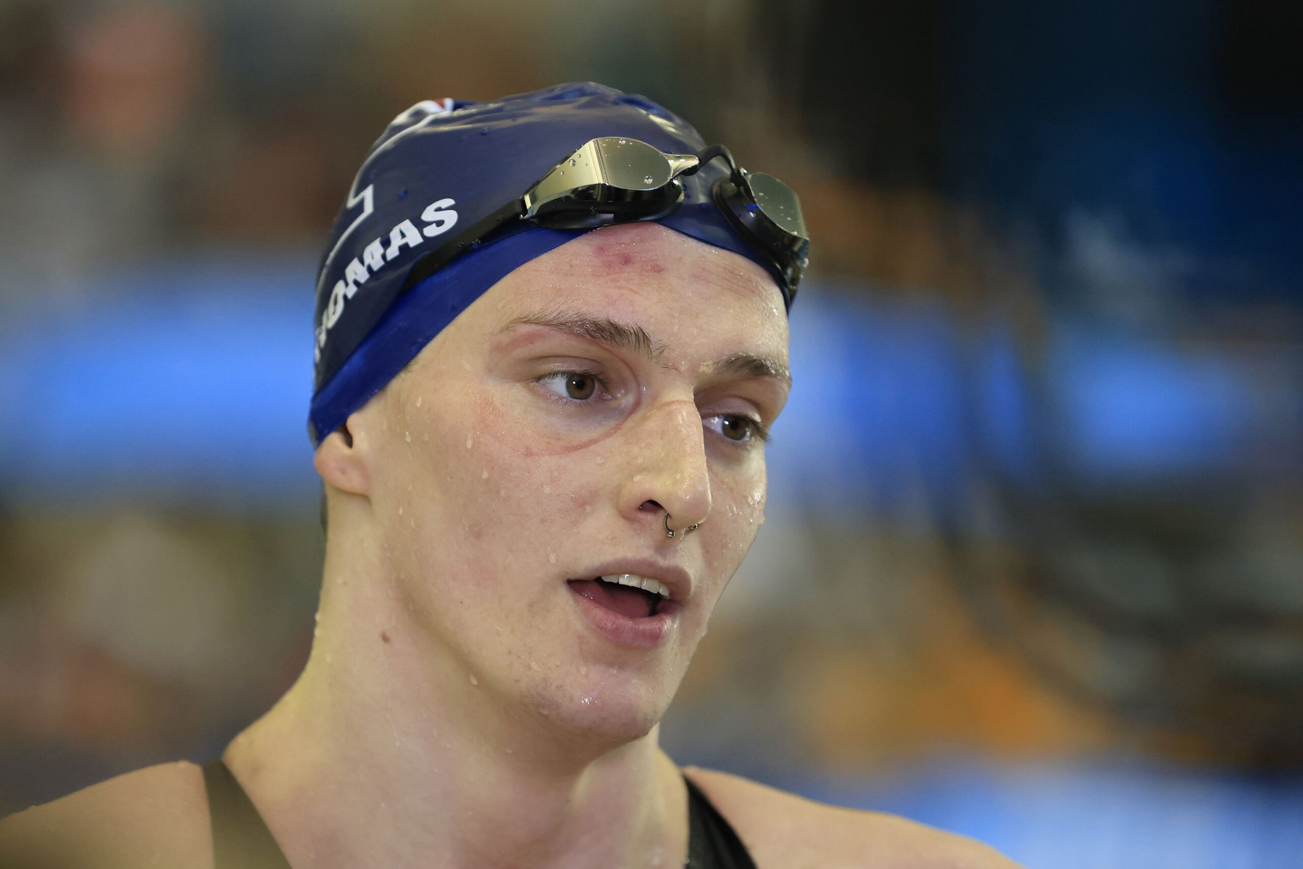 <i>Justin Casterline/Getty Images/File via CNN Newsource</i><br/>Transgender woman Lia Thomas of the University of Pennsylvania talks to a reporter after winning the 500-yard freestyle at the NCAA Division I Women's Swimming & Diving Championshipon on March 17