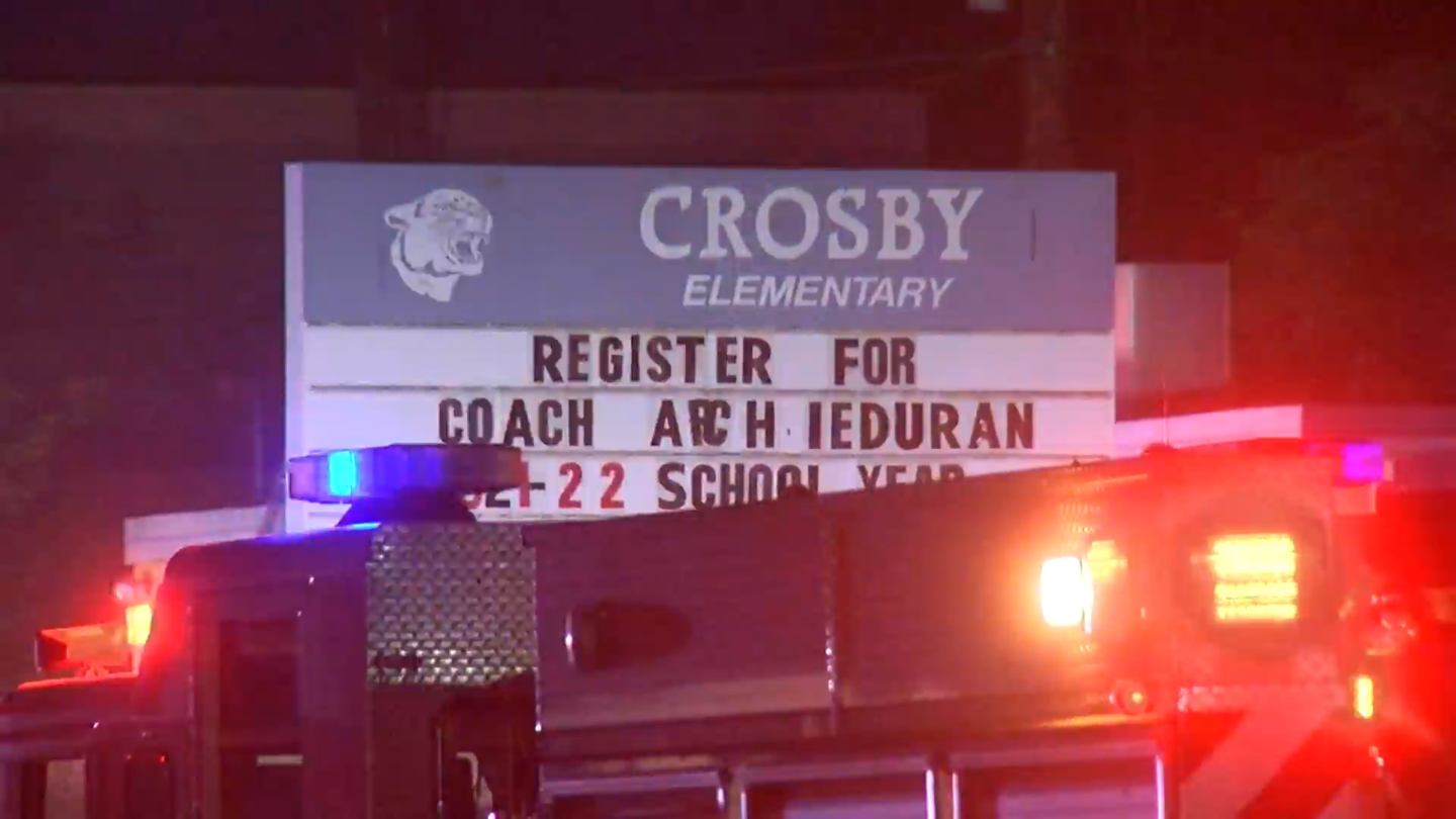 The exterior of Crosby Elementary School after a fire that broke out on April 25, 2022.