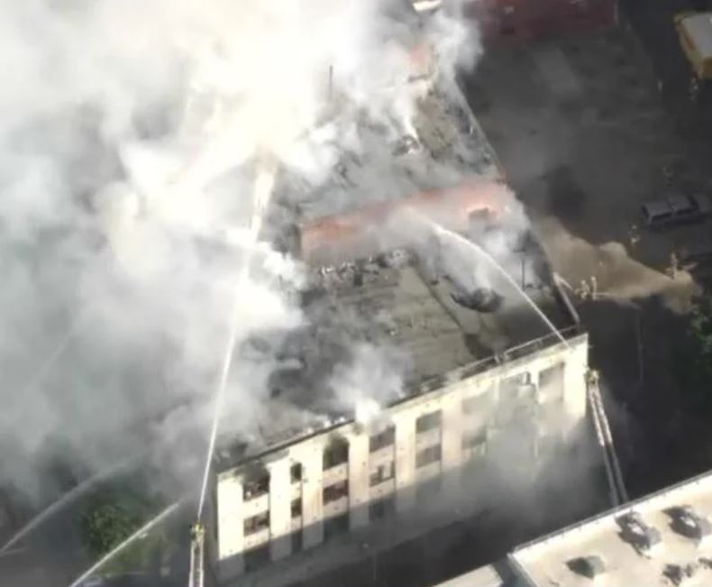 <i>KCAL News via CNN Newsource</i><br/>LAFD crews battle a fire that engulfed a historic building in downtown Los Angeles which was once home to the Morrison Hotel