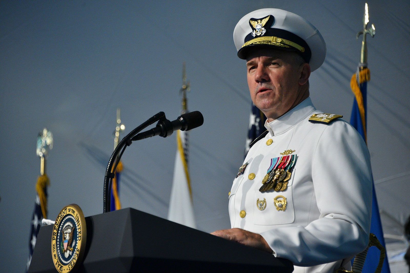 <i>Petty Officer 1st Class Patrick/US Coast Guard/File via CNN Newsource</i><br/>Adm. Karl Schultz speaks during a change of command ceremony at Coast Guard Headquarters in Washington