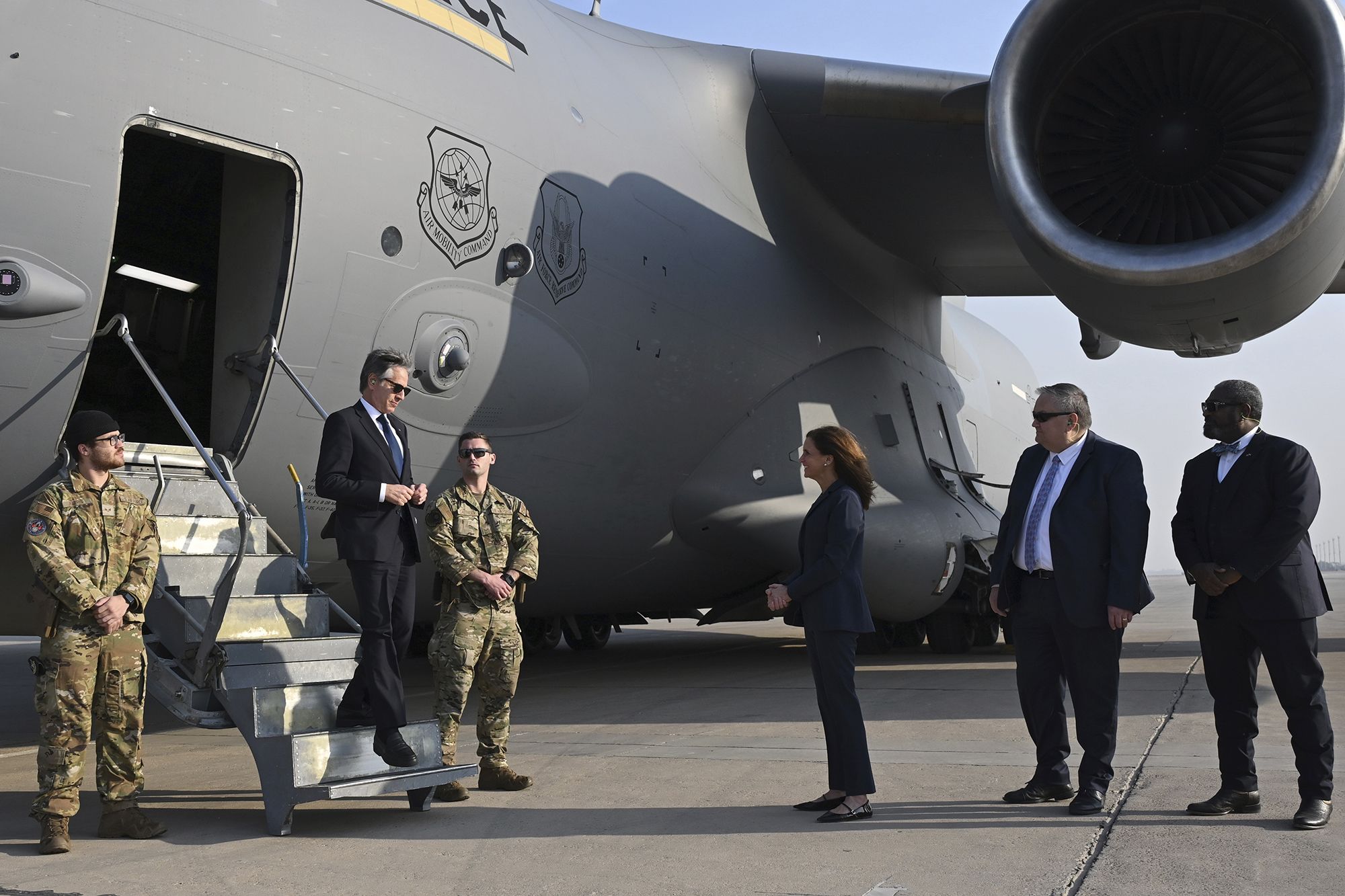 <i>Andrew Caballero-Reynolds/AP via CNN Newsource</i><br/>Secretary of State Antony Blinken is welcomed by US officials upon landing in Baghdad on December 13