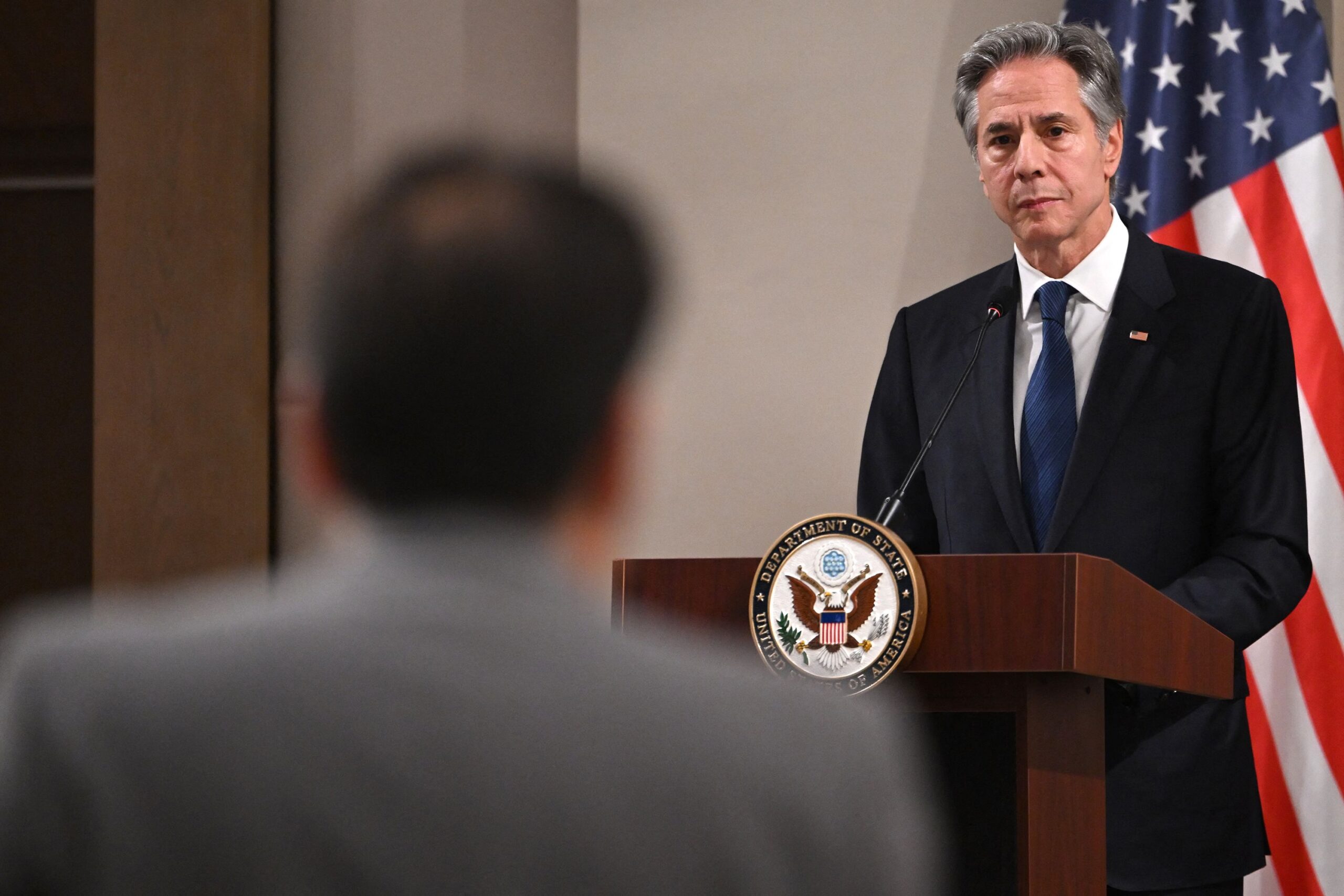 <i>Andrew Caballero-Reynolds/AFP/Getty Images via CNN Newsource</i><br/>Secretary of State Antony Blinken is pictured at a news conference in Jordan's southern city of Aqaba on Saturday