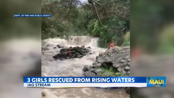 <i>Dept. of Fire and Public Safety/KITV via CNN Newsource</i><br/>The Maui Fire Department (MFD) rescued three teens that were reported to be stranded on a large rock in the middle of Iao Stream at Mokuhau Park on Sunday afternoon