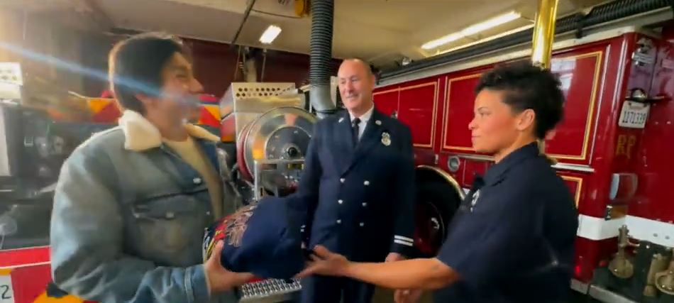 <i>KPIX via CNN Newsource</i><br/>A survivor of the Pacific Palisades fire was in San Francisco to give thanks to the fire station that protected his home from the blaze.