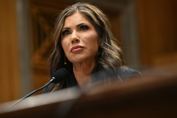 South Dakota Governor Kristi Noem testifies during a Senate Homeland Security and Governmental Affairs Committee hearing on her nomination to be Secretary of Homeland Security, on Capitol Hill in Washington, Jan. 17, 2025.
