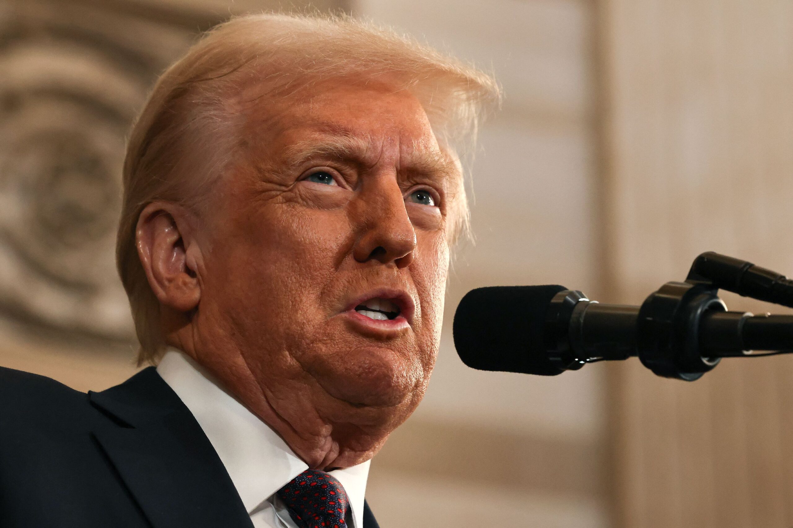 <i>Chip Somodevilla/Pool/AFP via Getty Images via CNN Newsource</i><br/>President Donald Trump speaks during inauguration ceremonies in the Rotunda of the US Capitol on January 20 in Washington
