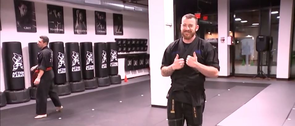 <i>KYW via CNN Newsource</i><br/>Surveillance video from inside Action Karate shows instructor Stephan Venter didn't think twice before taking off after the would-be purse snatcher.