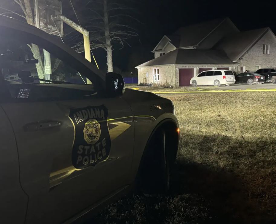 <i>Provided Photo/Indiana State Police/WISH via CNN Newsource</i><br/>An Indiana State Police vehicle on the scene of a fatal shooting in North Vernon