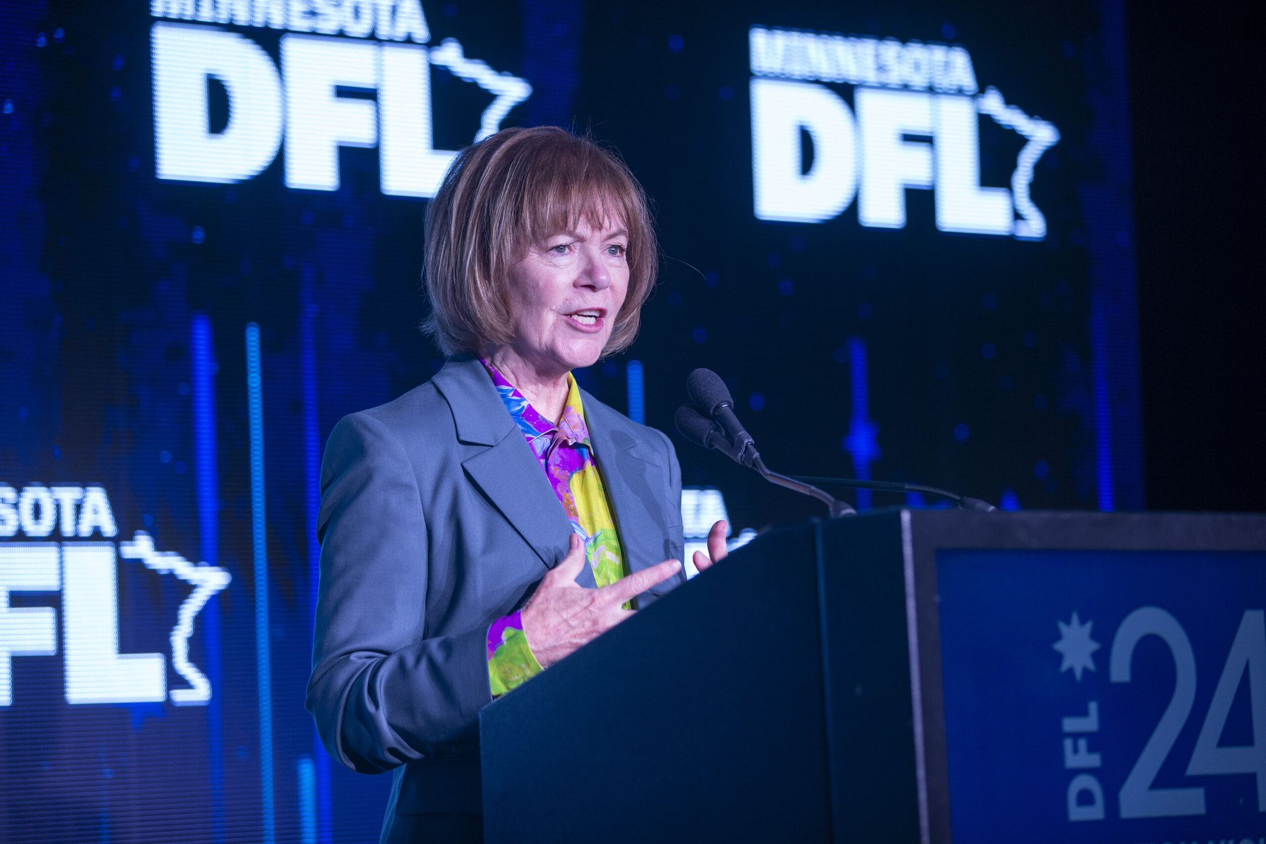<i>Christopher Mark Juhn/Anadolu/Getty Images via CNN Newsource</i><br/>Sen. Tina Smith speaks to people attending the Minnesota Democratic-Farmer-Labor Party election watch party held at the InterContinental Hotel in Saint Paul