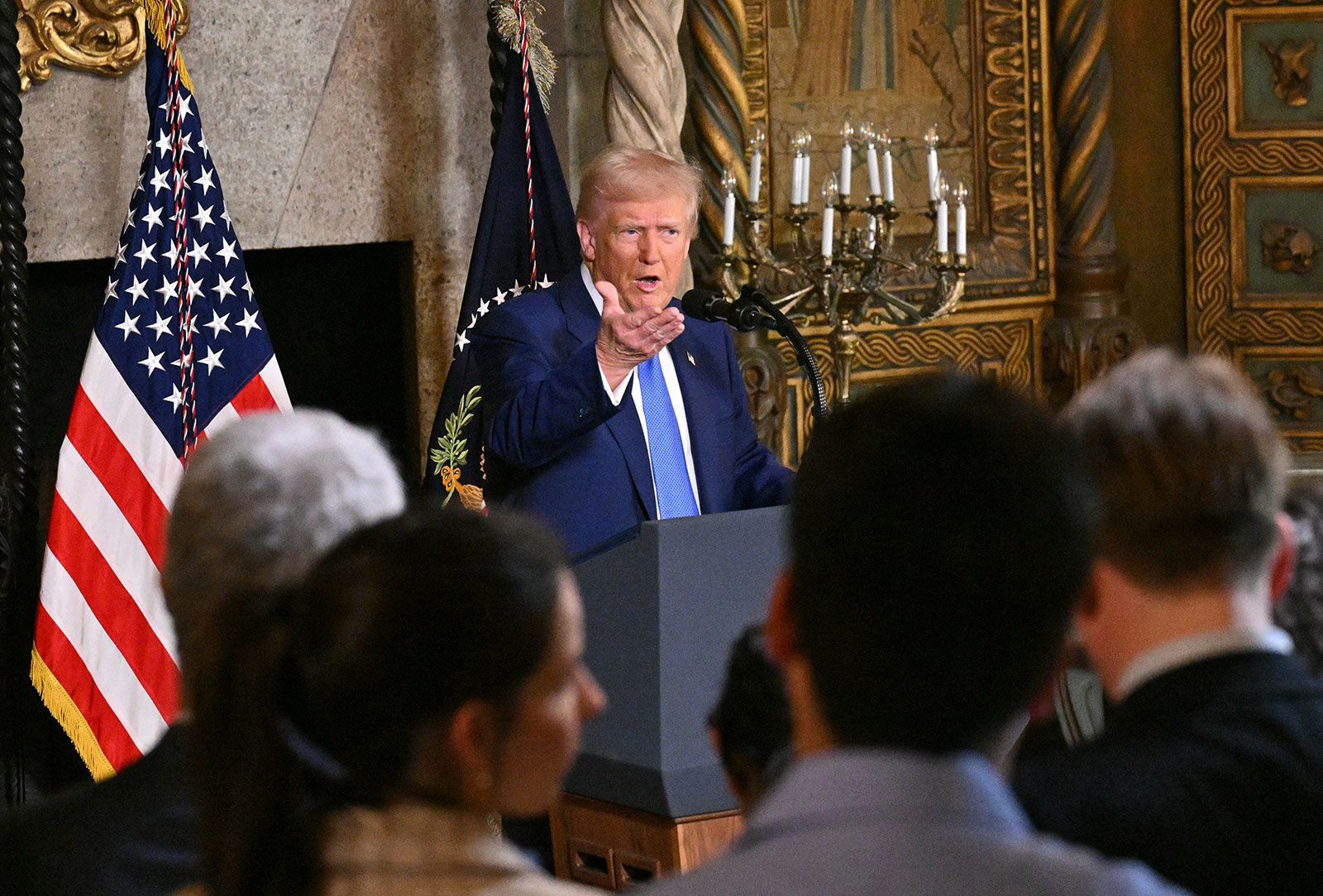 <i>Roberto Schmidt/AFP/Getty Images via CNN Newsource</i><br/>President Donald Trump speaks during the signing of executive orders at his Mar-a-Lago resort in Palm Beach