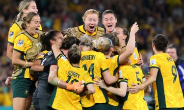 The Matildas celebrate after winning the Women's World Cup quarterfinal against France in Brisbane