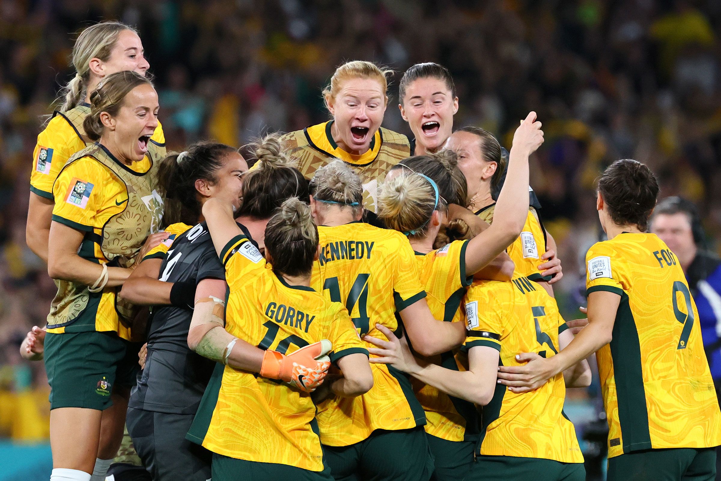 <i>Tertius Pickard/AP/File via CNN Newsource</i><br/>The Matildas celebrate after winning the Women's World Cup quarterfinal against France in Brisbane