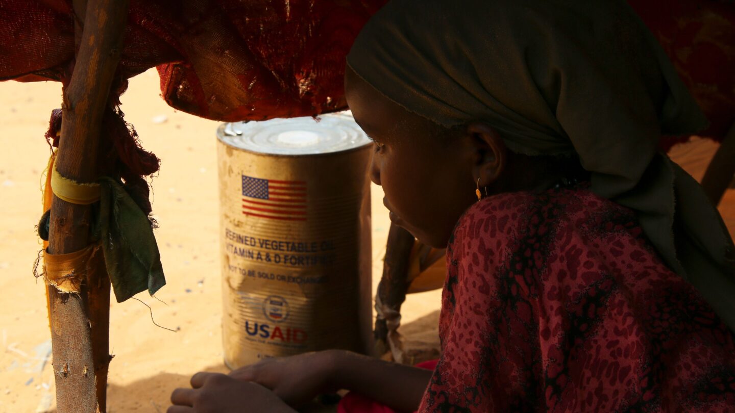 <i>Farah Abdi Warsameh/AP via CNN Newsource</i><br/>A Somali internally-displaced person (IDP) looks out from her family's makeshift home in Maslah camp on the outskirts of Mogadishu