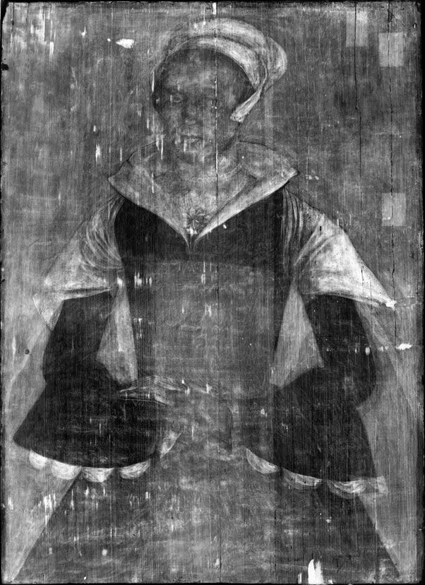 <i>English Heritage via CNN Newsource</i><br/>Infrared reflectography shows significant changes to her costume and the positioning of the subject's eyes since the initial portrait was completed.