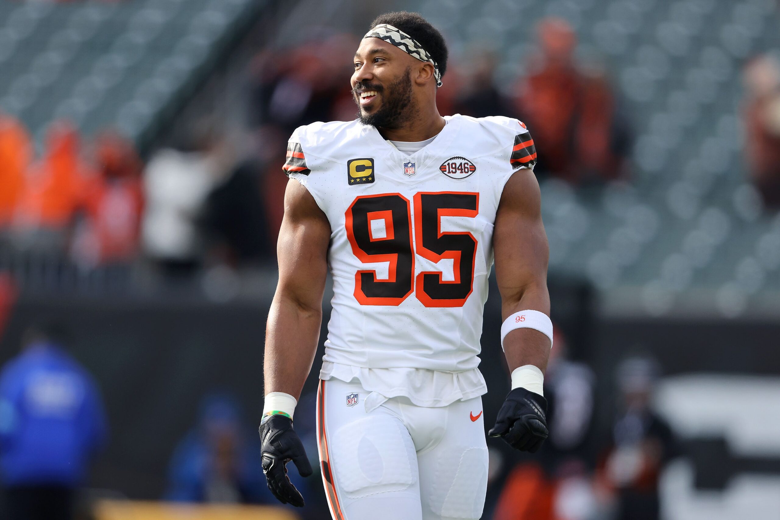 <i>Joseph Maiorana/USA Today Sports/Reuters via CNN Newsource</i><br/>Cleveland Browns defensive end Myles Garrett warms up before a game against the Cincinnati Bengals.