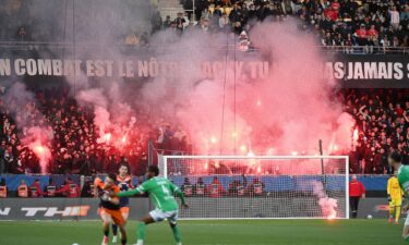 Montpellier supporters light flares during the match against Saint-Étienne at the Stade de la Mosson on March 16.