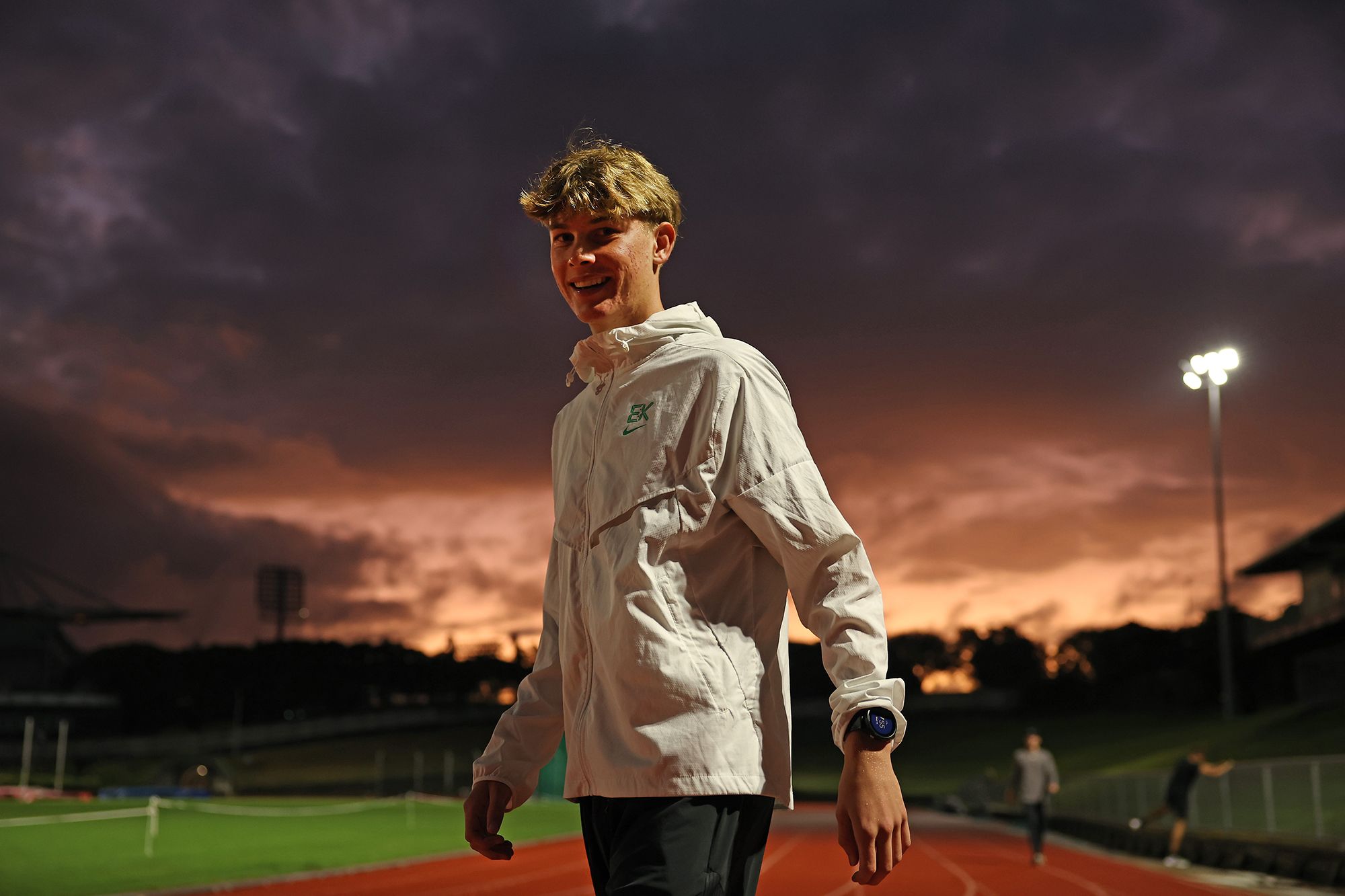 <i>Phil Walter/Getty Images via CNN Newsource</i><br/>Ruthe warms up ahead of his four-minute-mile attempt.
