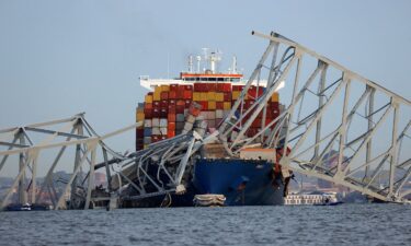A view of the Dali cargo vessel which crashed into the Francis Scott Key Bridge causing it to collapse in Baltimore
