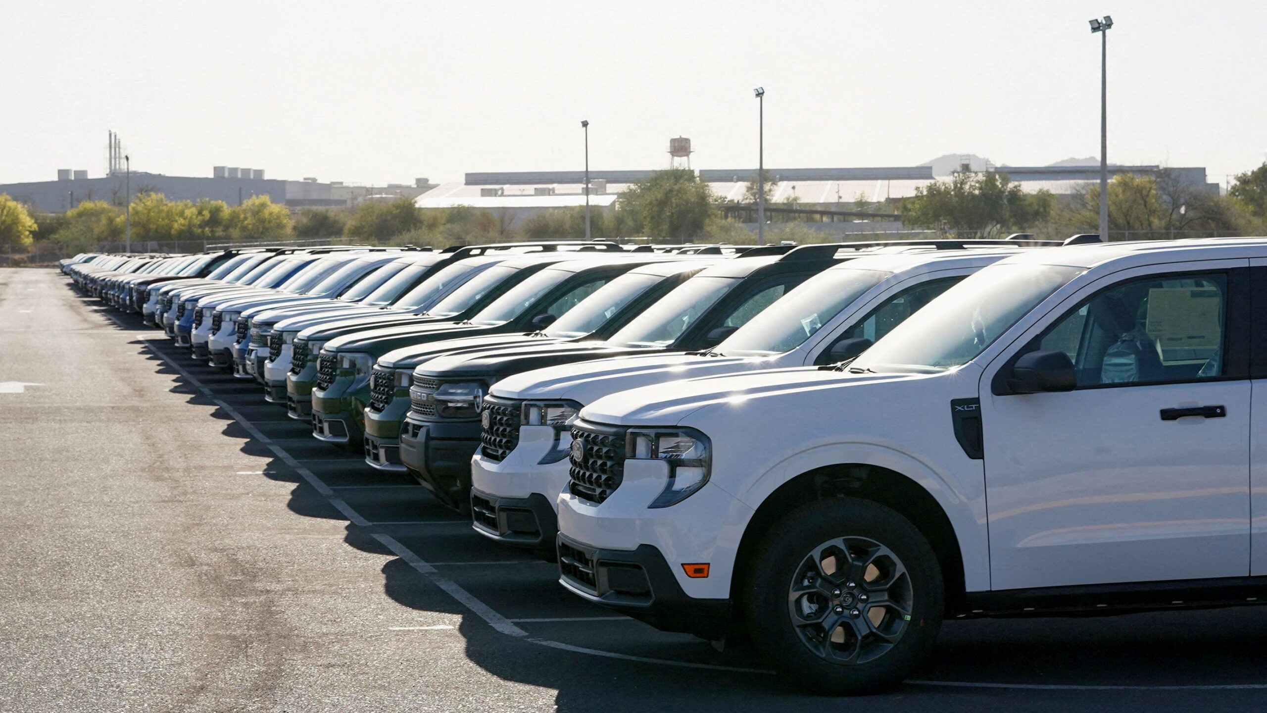 Trucks are parked at the Ford Hermosillo Stamping and Assembly Plant in Hermosillo