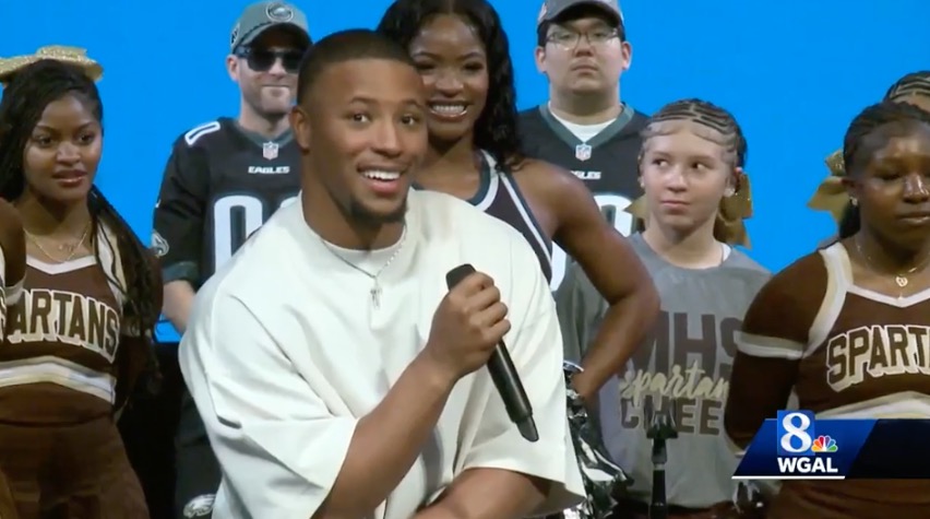 <i>WGAL via CNN Newsource</i><br/>Philadelphia Eagles superstar Saquon Barkley made a surprise appearance in the Susquehanna Valley on April 22. He was the guest speaker at an assembly celebrating student achievement at the Milton Hershey School.