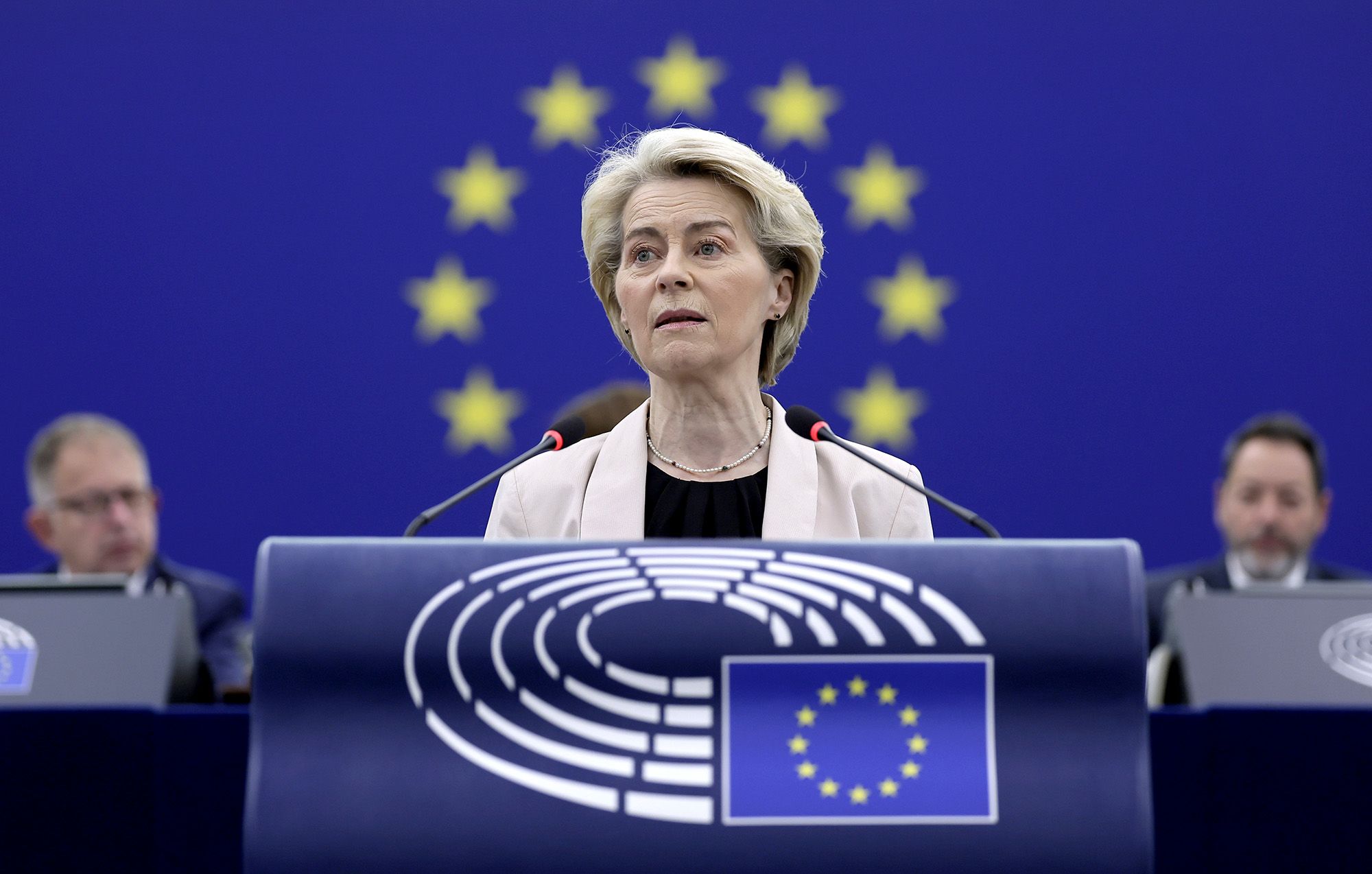 <i>Ronald Wittek/EPA-EFE/Shutterstock via CNN Newsource</i><br/>European Commission President Ursula von der Leyen speaks at the European Parliament in Strasbourg