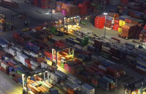 A night view is pictured of the container terminal in Nanjing in east China's Jiangsu province Tuesday