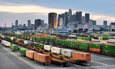Shipping containers are seen at Union Pacific's Los Angeles Trailer and Container Intermodal Facility (LATC) in downtown Los Angeles