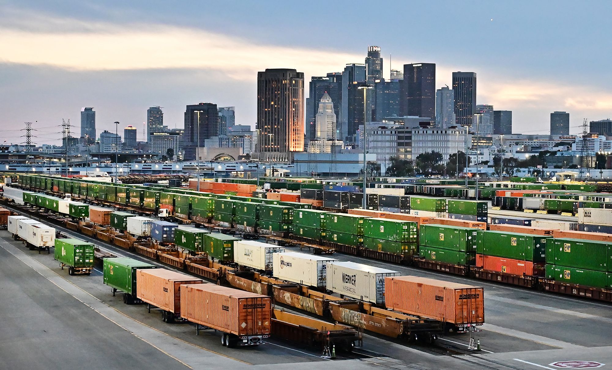 <i>Frederic J. Brown/AFP/Getty Images via CNN Newsource</i><br/>Shipping containers are seen at Union Pacific's Los Angeles Trailer and Container Intermodal Facility (LATC) in downtown Los Angeles