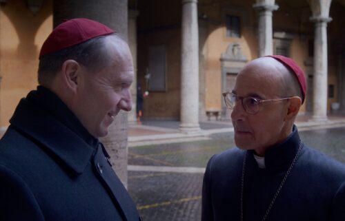 Ralph Fiennes as Cardinal Lawrence and Stanley Tucci as Cardinal Bellini in director Edward Berger's "Conclave."