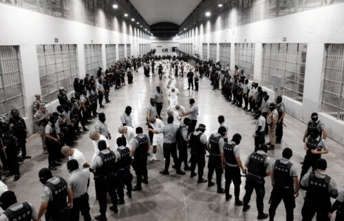 Salvadoran police officers escort alleged members of the Venezuelan gang Tren de Aragua recently deported by the US government to be imprisoned in the Terrorism Confinement Center (CECOT) prison in Tecoluca