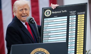President Donald Trump holds up a chart while speaking during a “Make America Wealthy Again” trade announcement on April 2.