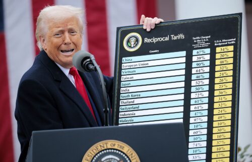 President Donald Trump holds up a chart while speaking during a “Make America Wealthy Again” trade announcement on April 2.