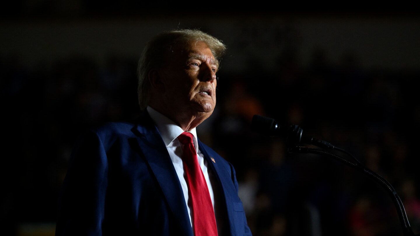 <i>Jeff Swensen/Getty Images via CNN Newsource</i><br/>Former President Donald Trump speaks to supporters during a political rally while campaigning for the GOP nomination in the 2024 election at Erie Insurance Arena on July 29