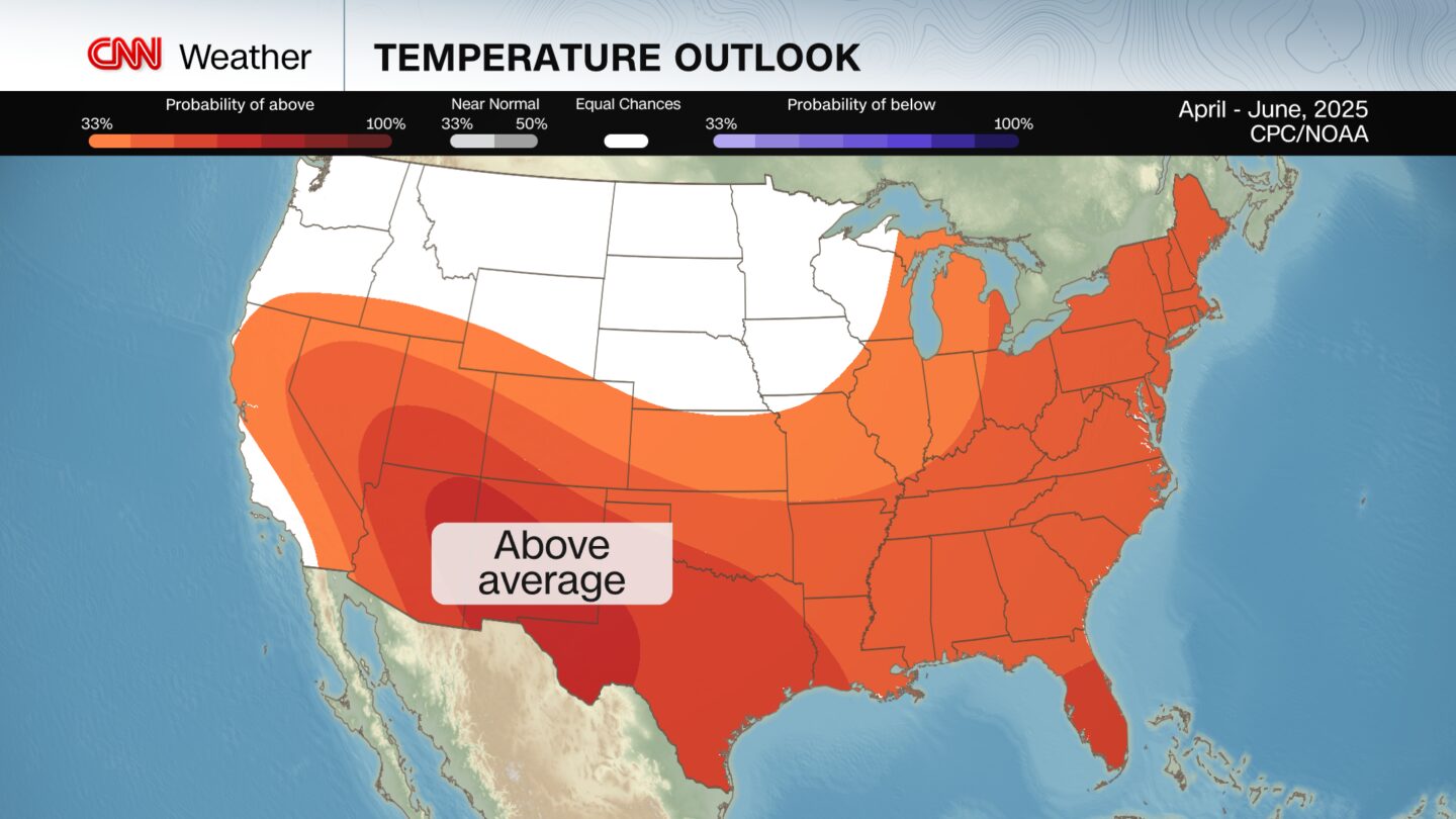 <i>CNN Weather via CNN Newsource</i><br/>Temperatures are expected to be above normal for much of the US through June.