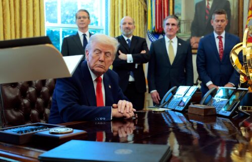 President Donald Trump is seen here in the Oval Office on April 9 with Treasury Secretary Scott Bessent