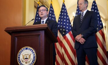 US Speaker of the House Mike Johnson (R-LA) (L) and Senate Majority Leader John Thune (R-SD) speak at a press conference on the Republican budget bill at the US Capitol on April 10