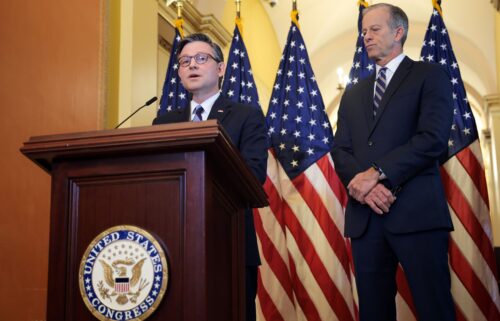 US Speaker of the House Mike Johnson (R-LA) (L) and Senate Majority Leader John Thune (R-SD) speak at a press conference on the Republican budget bill at the US Capitol on April 10